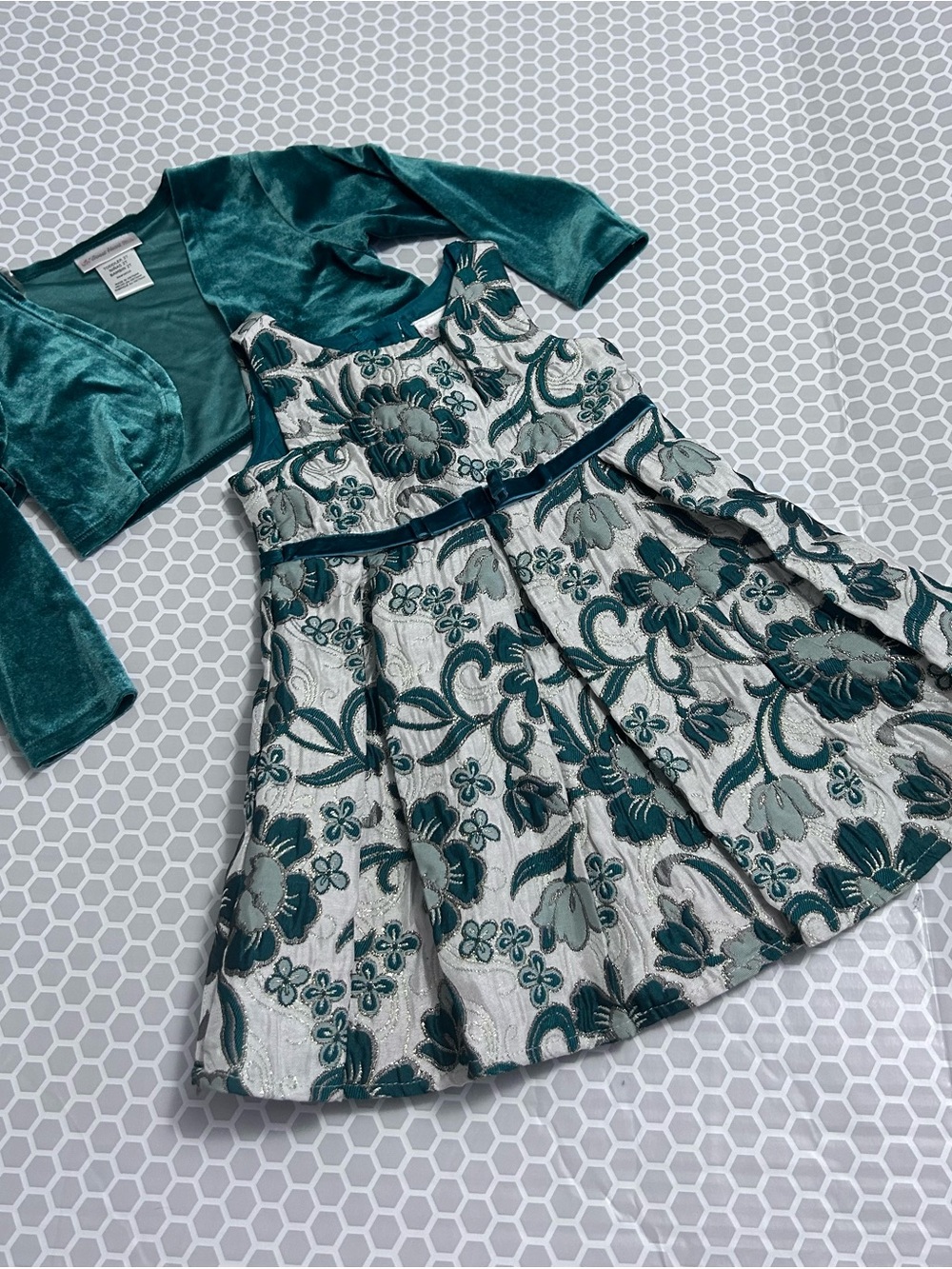 Sweet Heart Rose Teal Cream Floral Embroidered Party Dress Teal Bolero Size 2T